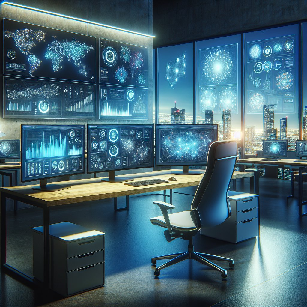 Workspace with desk featuring multiple computer monitors displaying colorful analytics dashboards and data