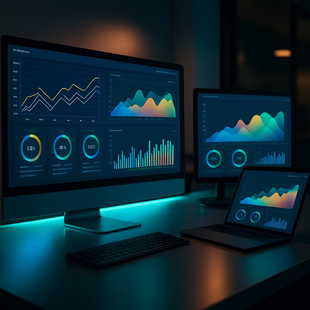 A sleek, workspace featuring multiple glowing computer monitors displaying colorful analytics dashboards
