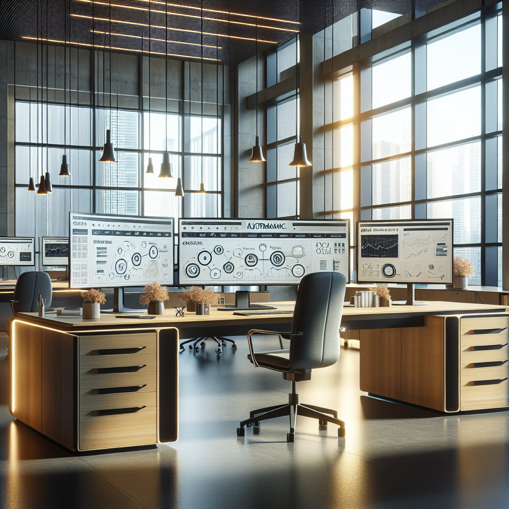 Office workspace with desk featuring multiple computer monitors displaying automation dashboards and workflow charts