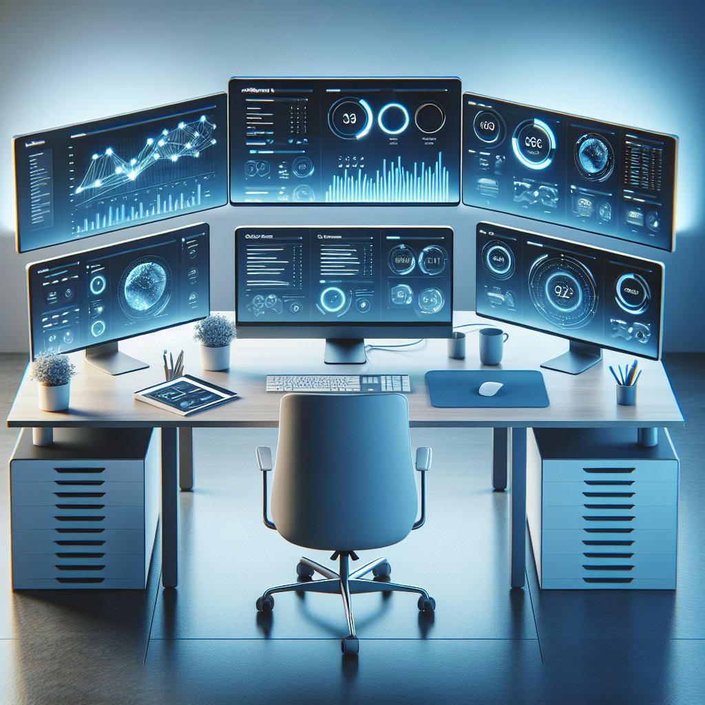 Workspace desk with multiple computer monitors displaying analytics dashboards and content management systems, bathed