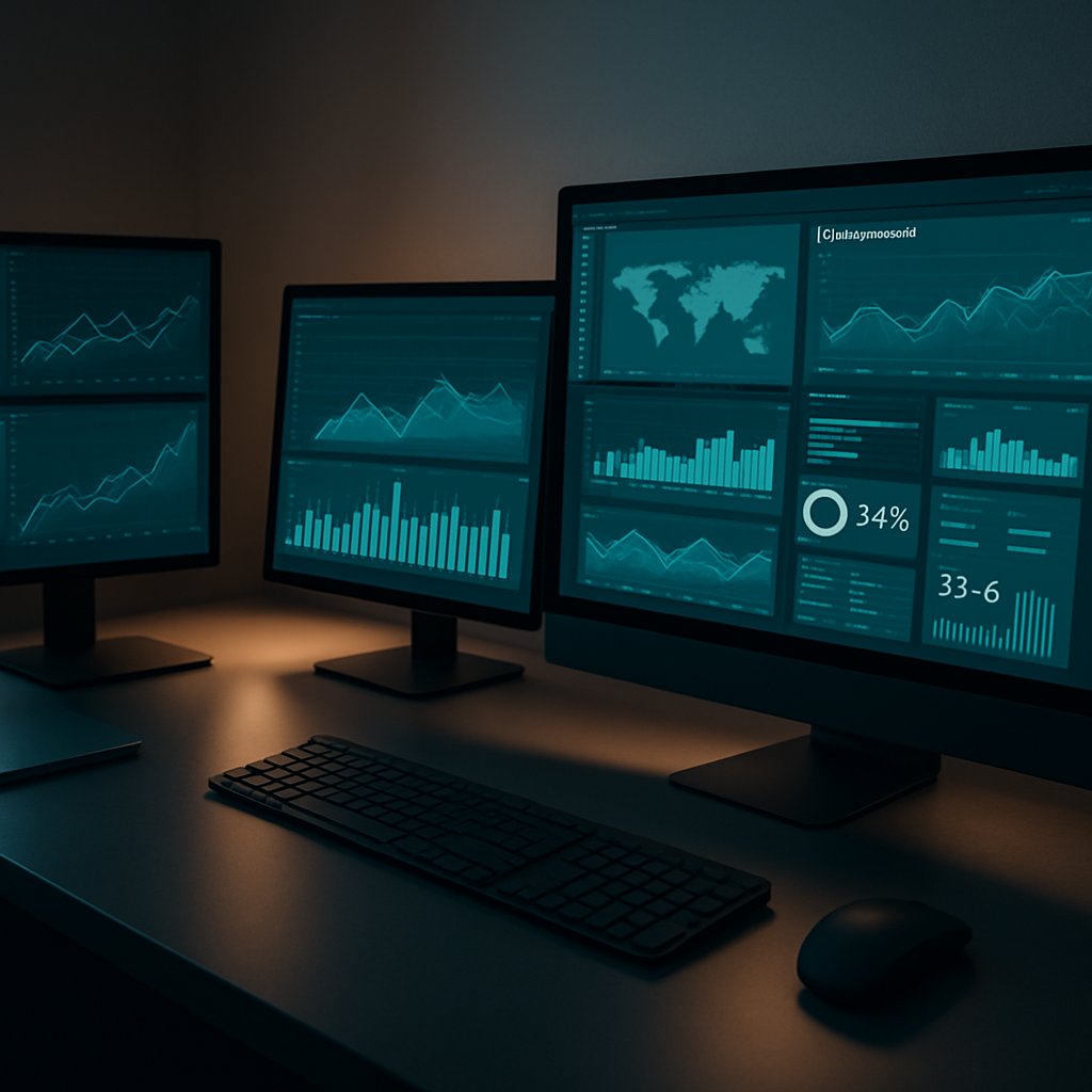 A sleek, workspace with multiple monitors displaying complex data analytics dashboards and SEO metrics in soft blue
