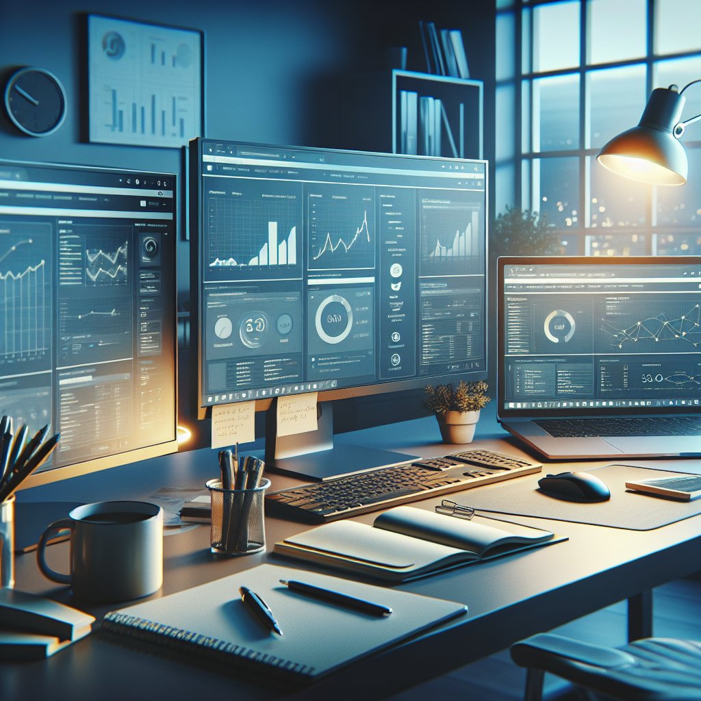 Workspace featuring computer setup with multiple monitors displaying analytics dashboards and content management