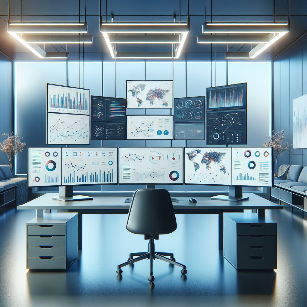 Workspace featuring desk with multiple monitors displaying colorful analytics dashboards and workflow diagrams