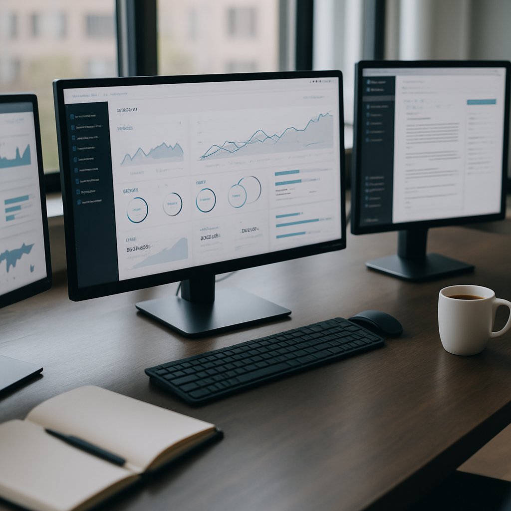 Workspace featuring desk with multiple monitors displaying dashboard analytics and publishing interfaces, bathed