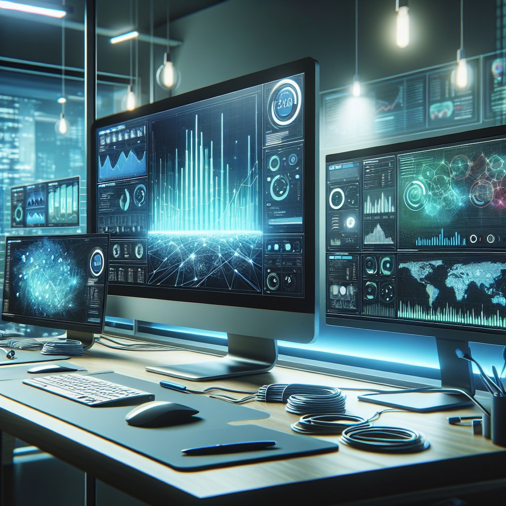 Workspace with multiple computer monitors displaying colorful analytics dashboards and growth charts, bathed in cool