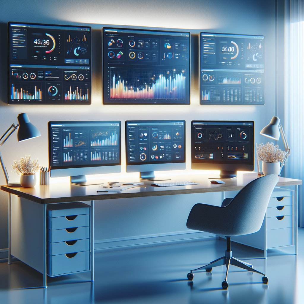 Home office workspace with multiple computer monitors displaying colorful analytics dashboards and SEO metrics