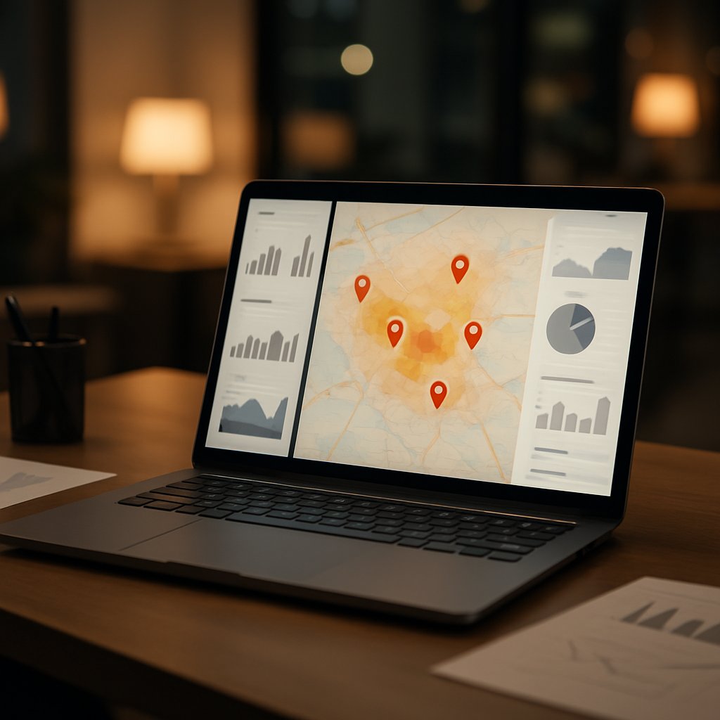 Workspace with a laptop displaying a digital map interface with location pins and heat maps, surrounded by analytics