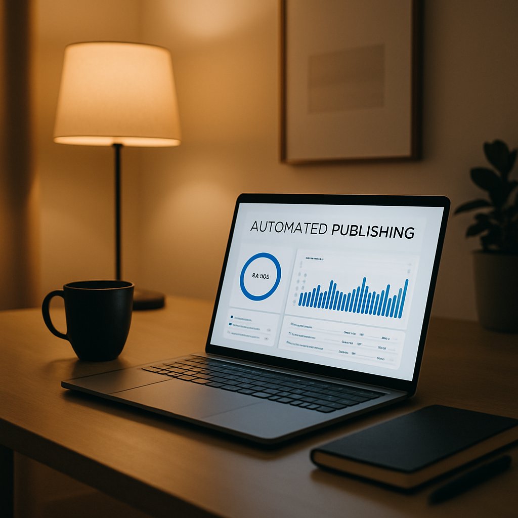 Home office workspace with desk featuring a laptop displaying automated publishing software dashboard, surrounded