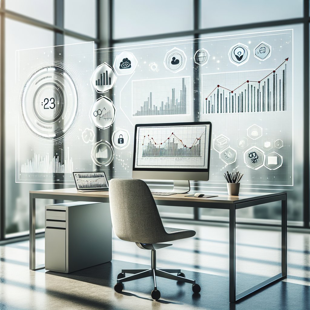 Office workspace with a computer monitor displaying analytics graphs and upward trending charts, surrounded by digital