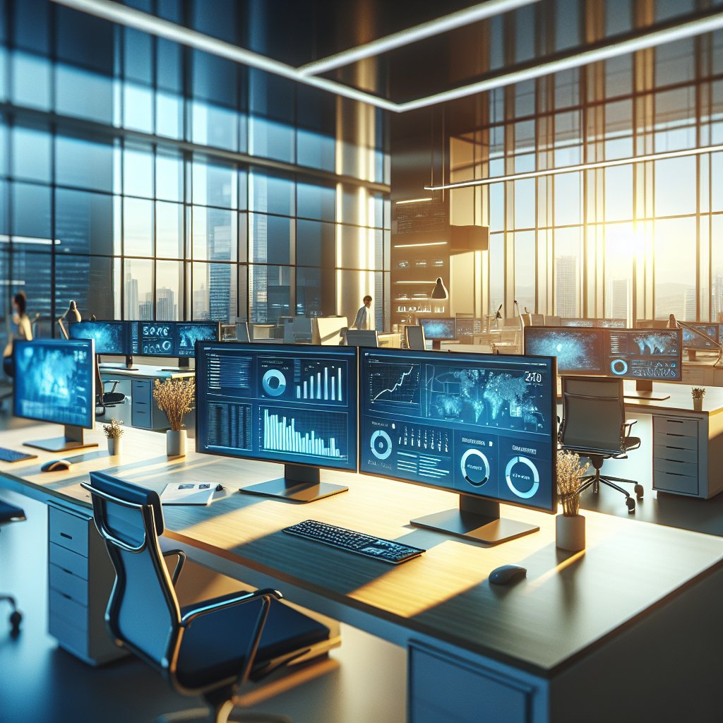 Office workspace bathed in soft blue and white ambient lighting, featuring multiple computer monitors displaying