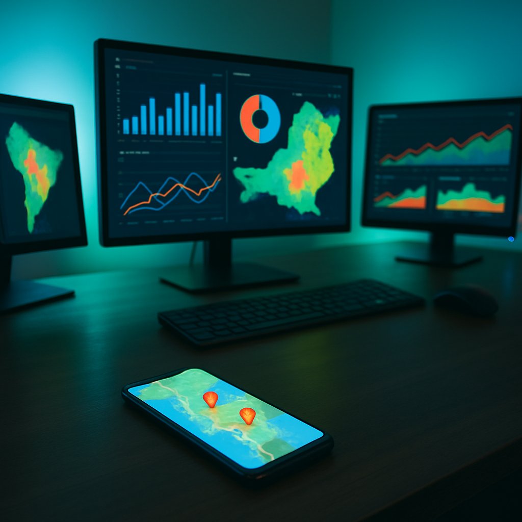 Workspace with multiple computer monitors displaying colorful analytics dashboards and geographic heat maps, bathed