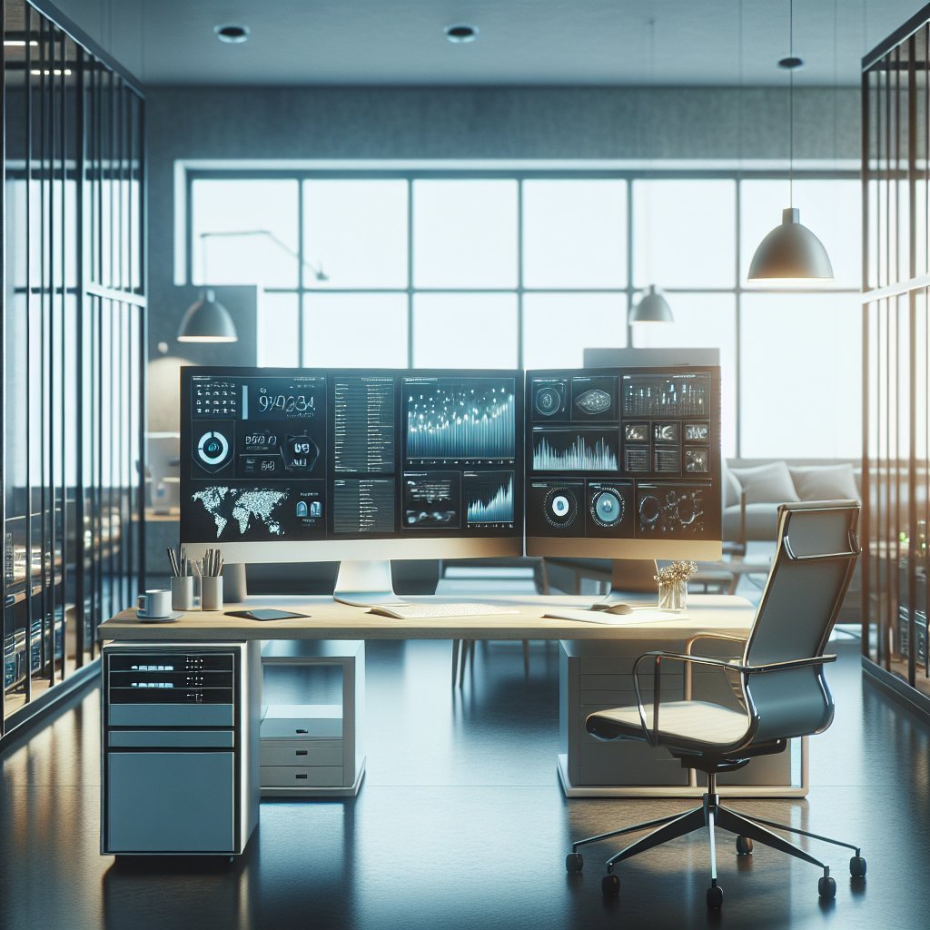 Workspace with computer setup displaying analytics dashboards and growth charts on multiple monitors, illuminated